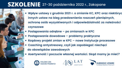 KIRP i Fundacja Radców Prawnych „Subsidio Venire” zapraszają radców prawnych na szkolenie w Zakopanem, 27-30 października